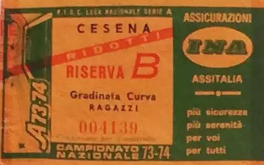 Biglietto Cesena riserva B gradinata curva ragazzi 1973-74