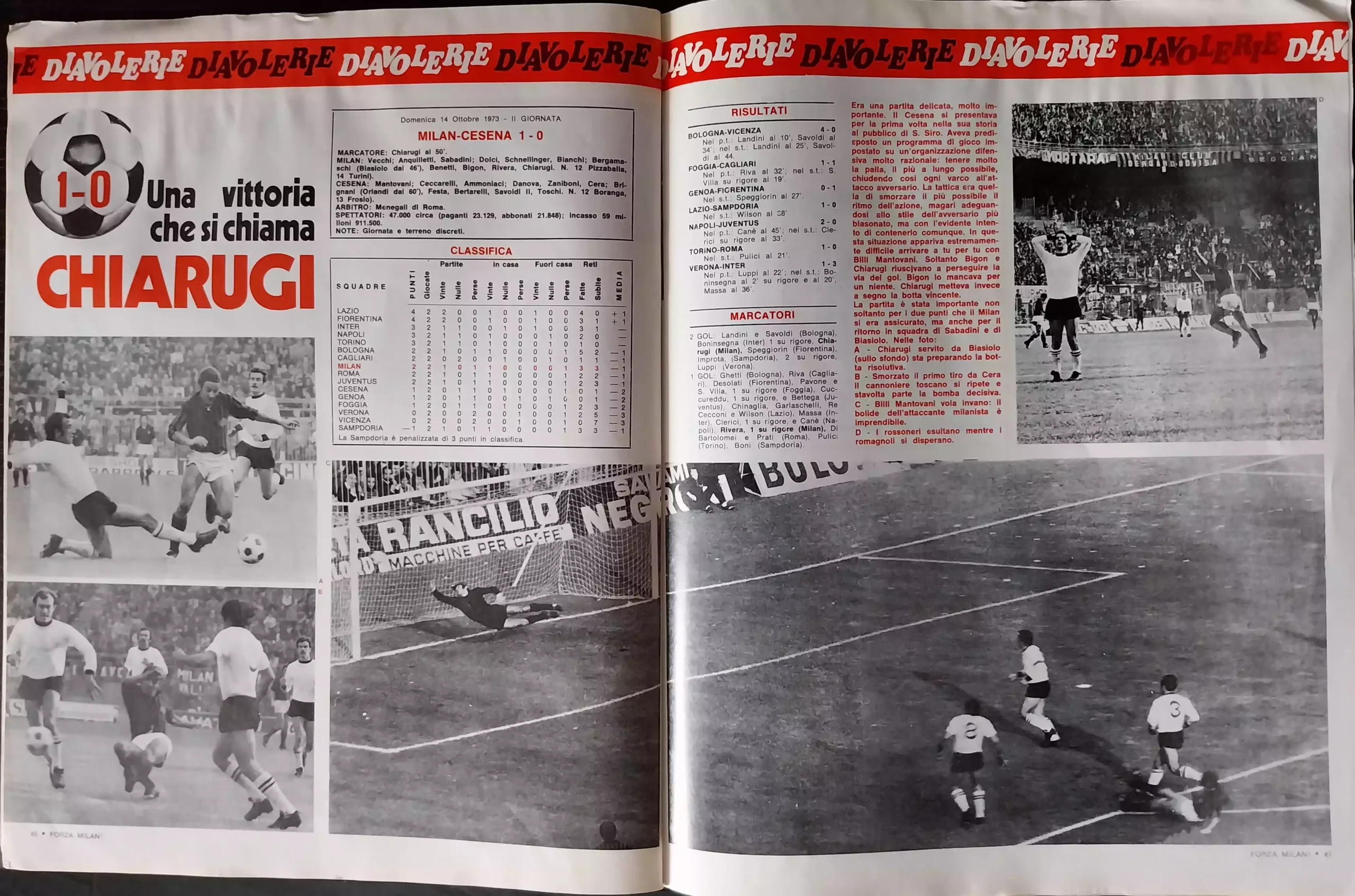 Forza Milan!, Novembre 1973, n. 11, pp. 46-47, Cesena-Milan