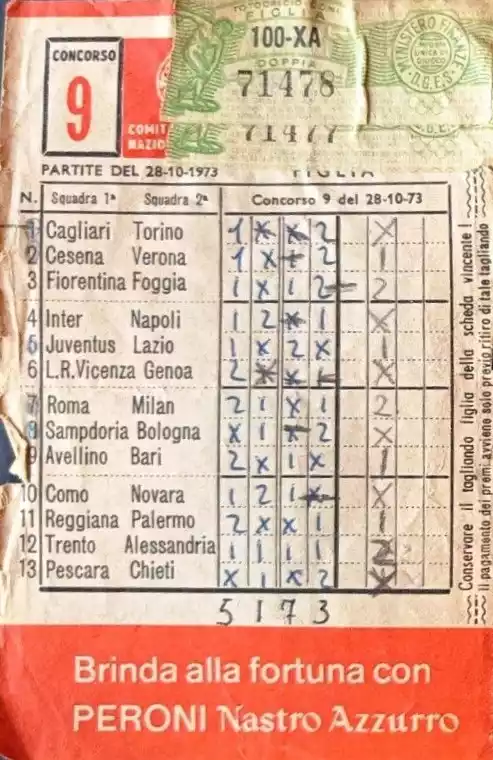 Schedina del 28 ottobre 1973 Cesena-Verona 1973-74