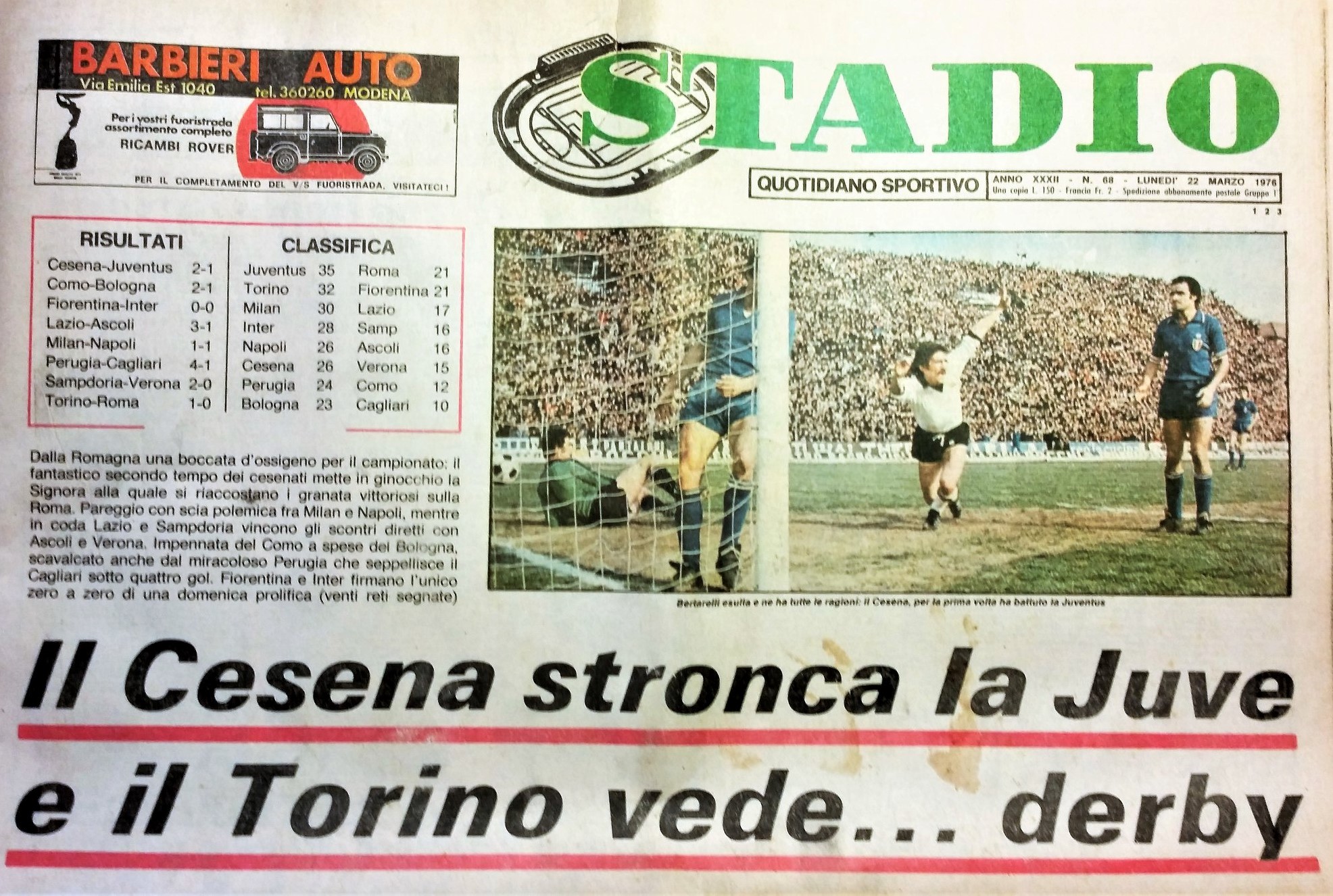 Cesena-Juventus 1975-76. In prima pagina su Stadio