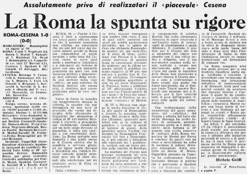 1973-74 1° Squadra Campionato Serie A andata giornata 14 Roma-Cesena 1-0 GazzettaSport