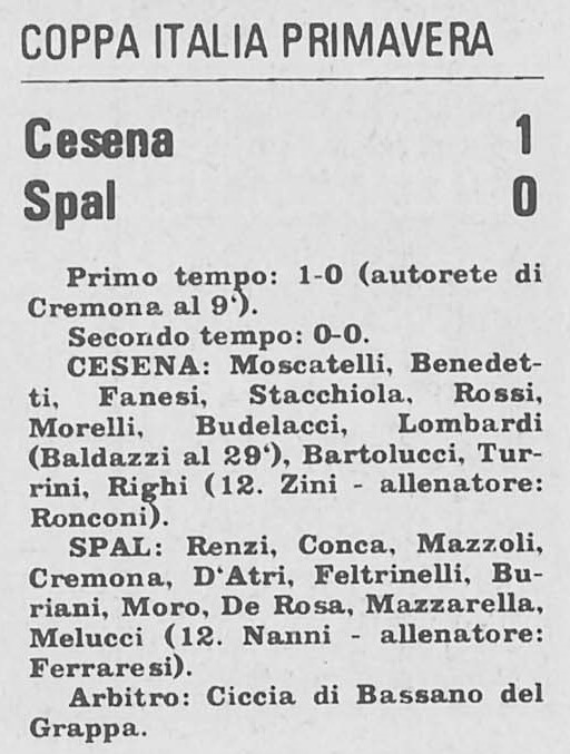 1973-74 Primavera Coppa Italia giornata 02 Cesena-Spal 1-0 Stadio