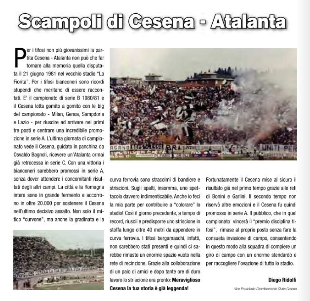 Cesena-Atalanta-1980-81-Striscione-Diego-Ridolfi. Meraviglioso Cesena la tua storia è già leggenda