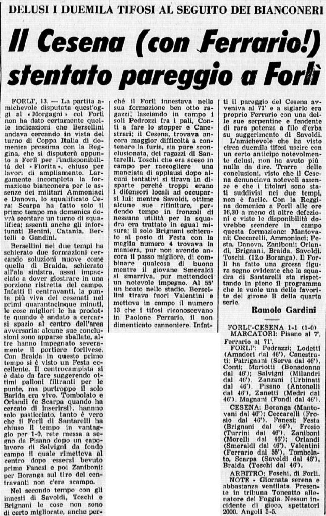 1973-74 1° Squadra Amichevole 08 Forlì-Cesena 1-1 GazzettaSport Ferrario