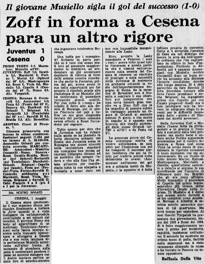 1973-74 1° Squadra Coppa Italia gironi finali ritorno giornata 03 Cesena-Juventus 0-1 GazzettaSport