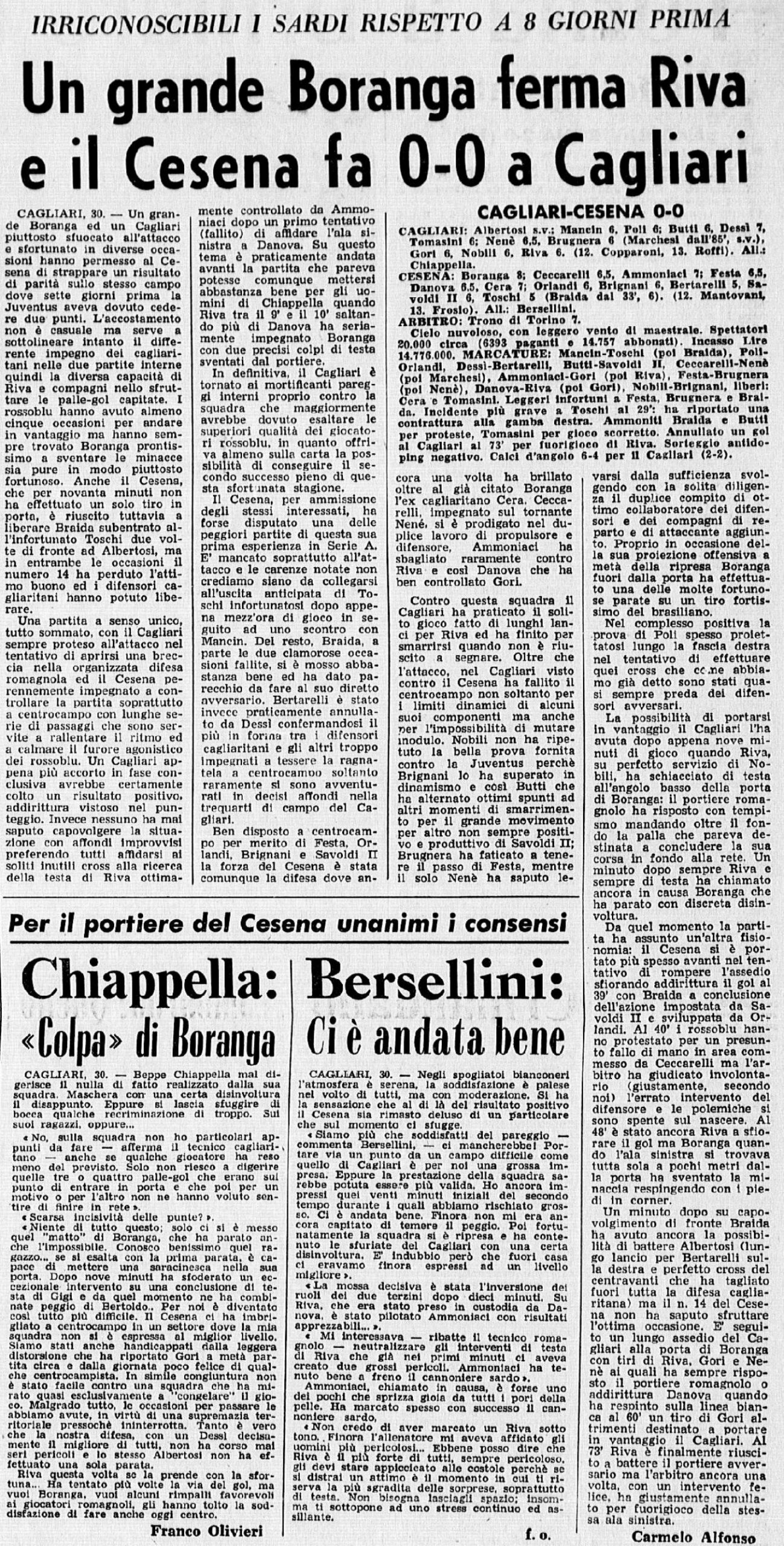 Cagliari-Cesena 1973-74 GazzettaSport cronaca