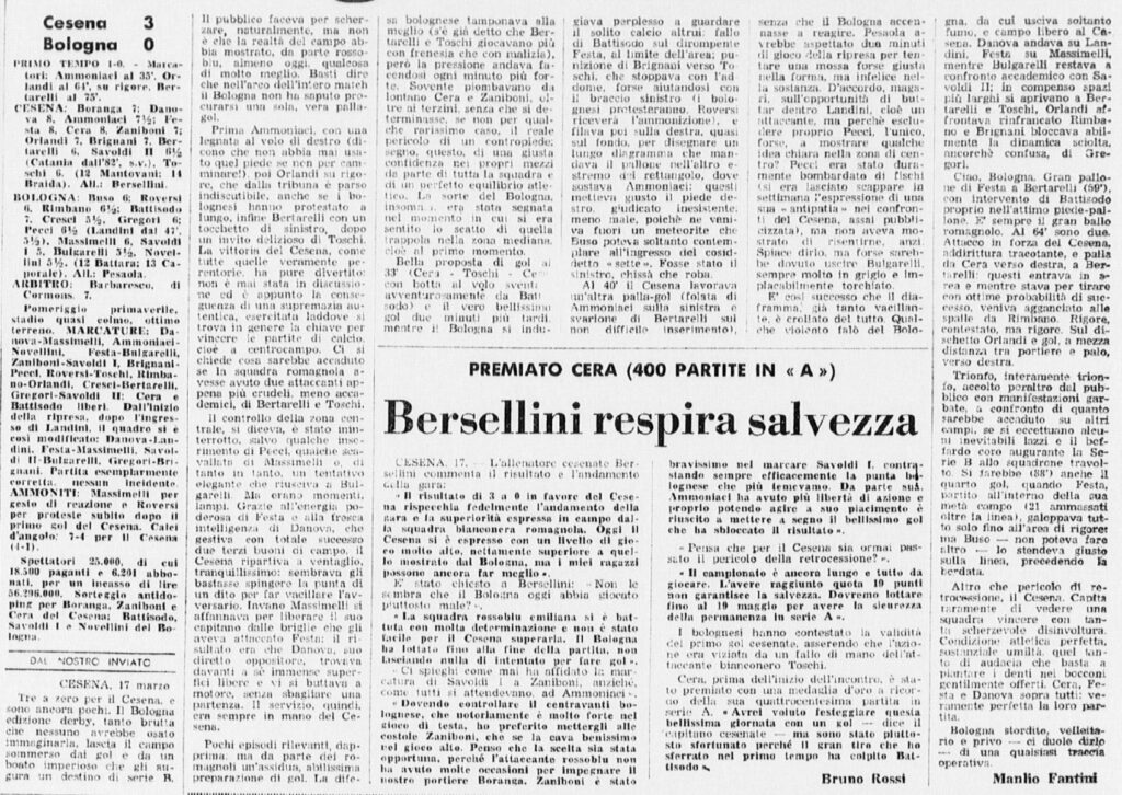 Cesena-Bologna 1973-74 GazzettaSport cronaca