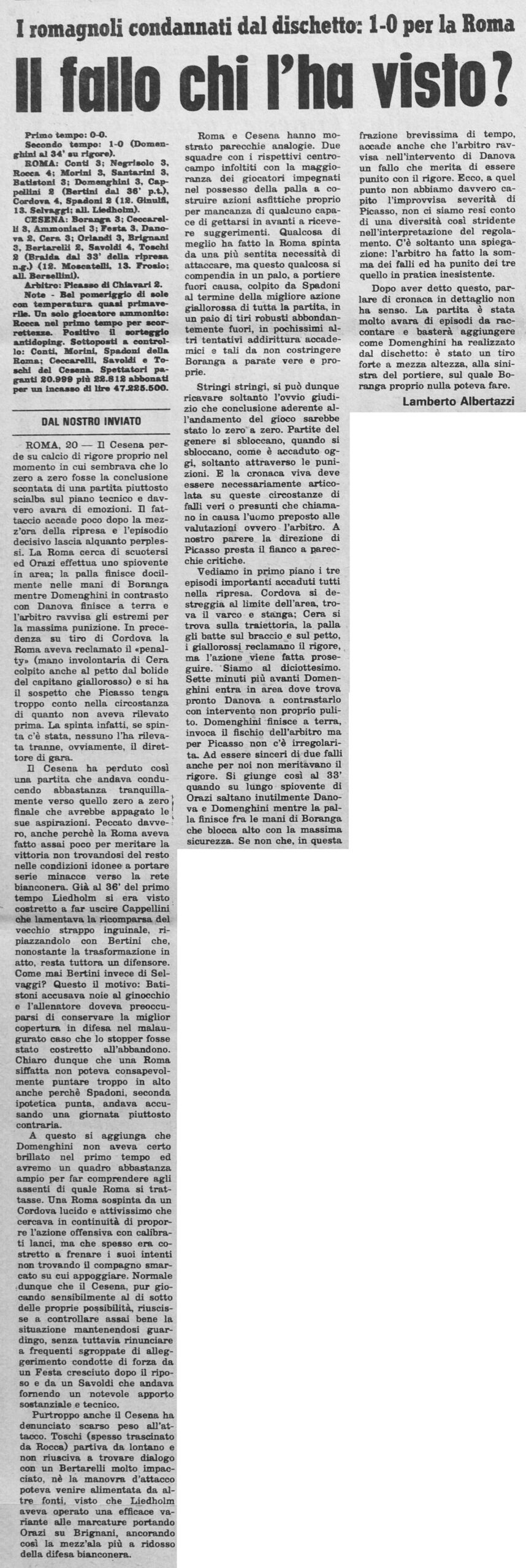 Roma-Cesena 1973-74 Stadio cronaca