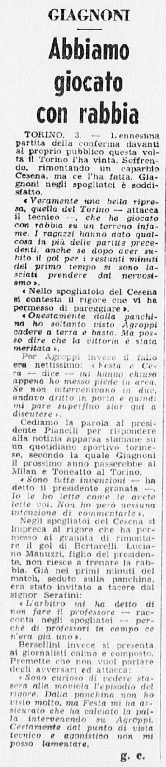 Torino-Cesena 1973-74 GazzettaSport interviste