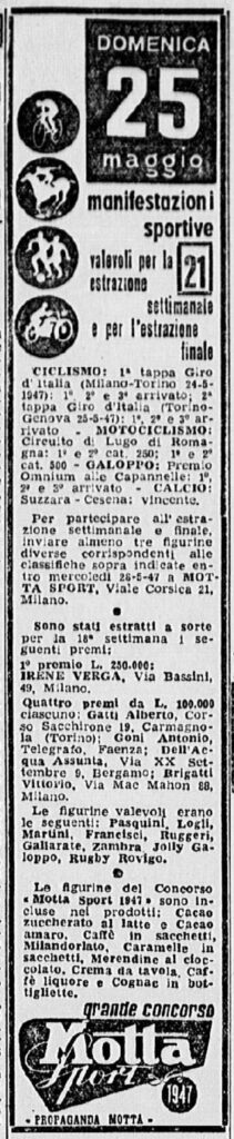 GazzettaSport 26 maggio 1947 partite previste concorso Motta sport 1947 settimana 21
