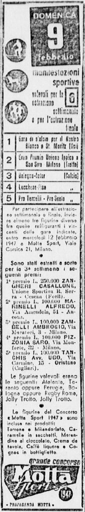 GazzettaSport 3 febbraio 1947 Zangheri Casallone vincitore concorso Motta 1947 settimana 3