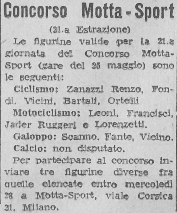 Stadio 26 maggio 1947 risultati (figurine valide) concorso Motta sport 1947 settimana 21