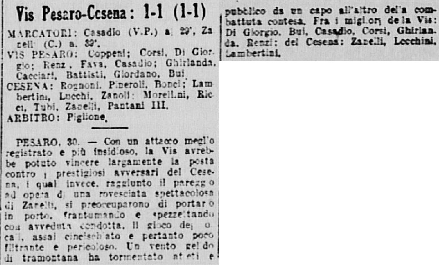 1941-42 1° Squadra Campionato Serie C andata giornata 10 Vis Pesaro-Cesena 1-1 GazzettaSport